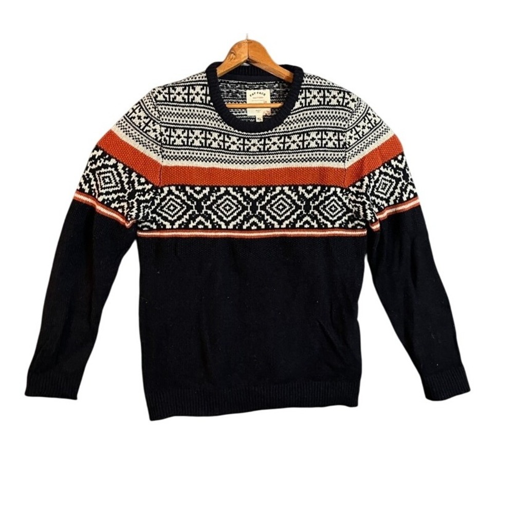 Fat Face Men's XL Navy Geometric Fair Isle Knit Crewneck Sweater Wool Blend
